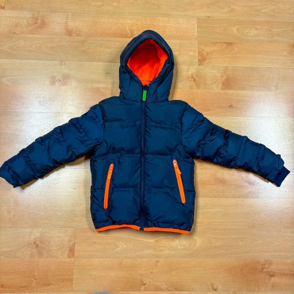 Champion Navy Blue & Orange Fleece Lined Hooded Puffer Jacket Kids XS 4/5